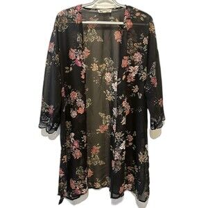 Cardigan Cover Up Black Sheer Lace Trim Size L